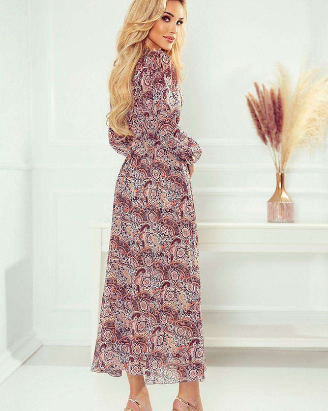 Elegant Long Sleeve Beige-Blue Chiffon Midi Dress