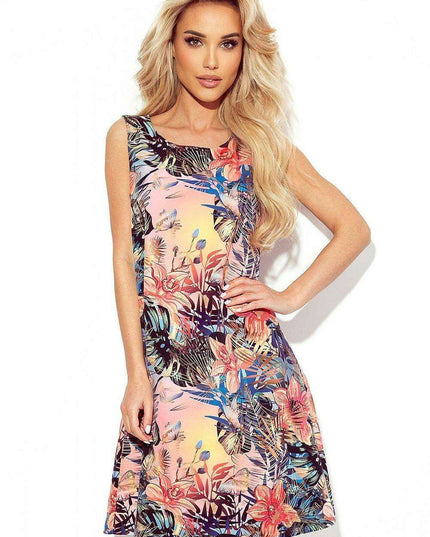 Chic Beige and Green Leaf Print Belted Trapeze Dress by Numoco