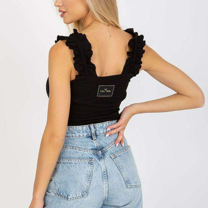 Elegant Ribbed Cotton Blouse with Ruffle Details and Adjustable Straps