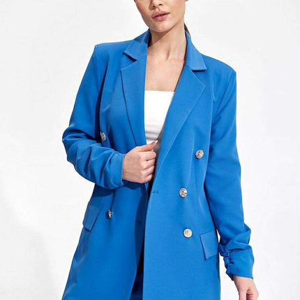 Chic Longline Double-Breasted Jacket with Distinctive Sleeve Accents