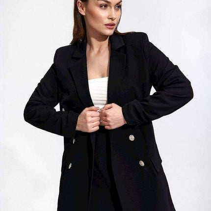 Chic Longline Double-Breasted Jacket with Distinctive Sleeve Accents