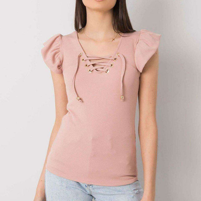 Chic Italian Ribbed Blouse With Frill Neckline Slim Fit