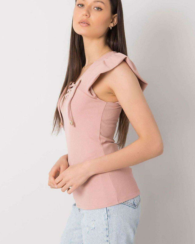 Chic Italian Ribbed Blouse With Frill Neckline Slim Fit
