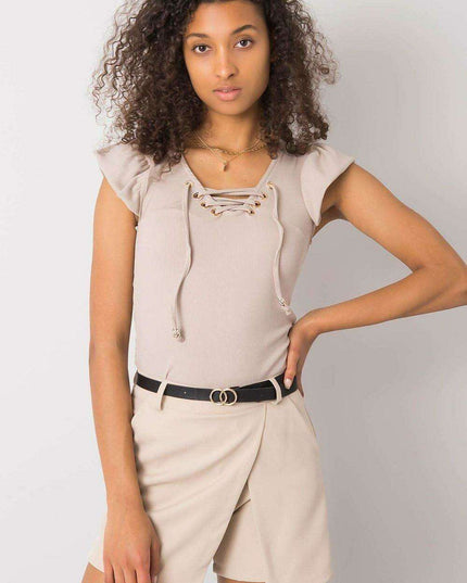 Chic Italian Ribbed Blouse With Frill Neckline Slim Fit