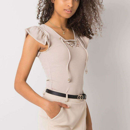 Chic Italian Ribbed Blouse With Frill Neckline Slim Fit