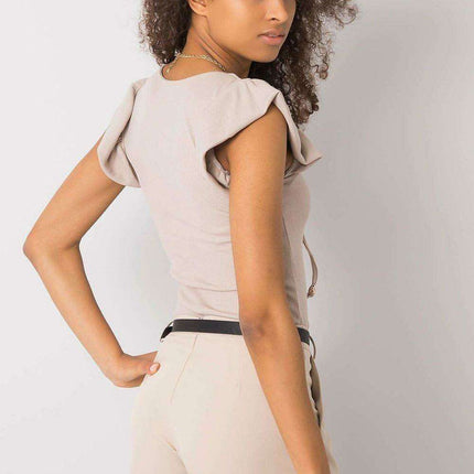 Chic Italian Ribbed Blouse With Frill Neckline Slim Fit