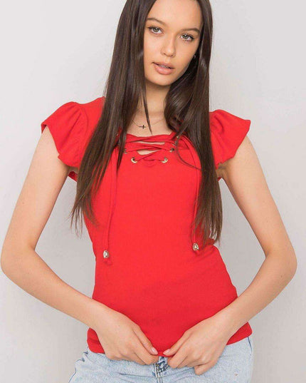 Chic Italian Ribbed Blouse With Frill Neckline Slim Fit