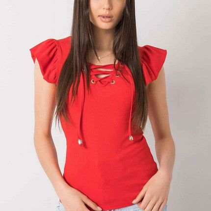 Chic Italian Ribbed Blouse With Frill Neckline Slim Fit