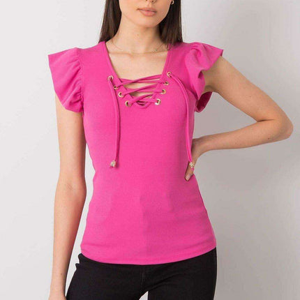 Chic Italian Ribbed Blouse With Frill Neckline Slim Fit