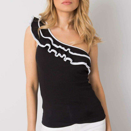 Elegant Frill-Embellished Cotton Top with Asymmetrical Neckline