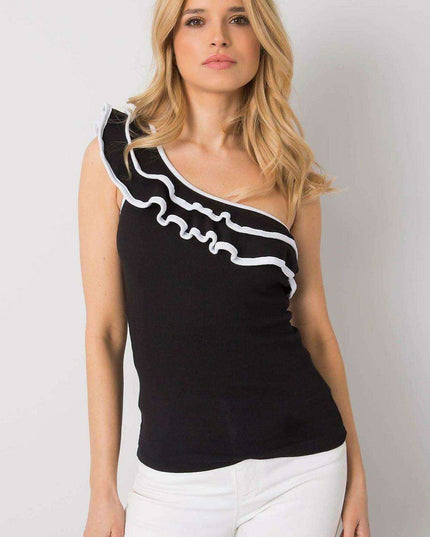 Elegant Frill-Embellished Cotton Top with Asymmetrical Neckline