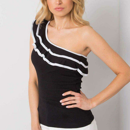 Elegant Frill-Embellished Cotton Top with Asymmetrical Neckline