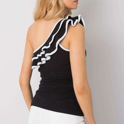 Elegant Frill-Embellished Cotton Top with Asymmetrical Neckline