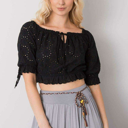 Charming Tie-Front Openwork Blouse