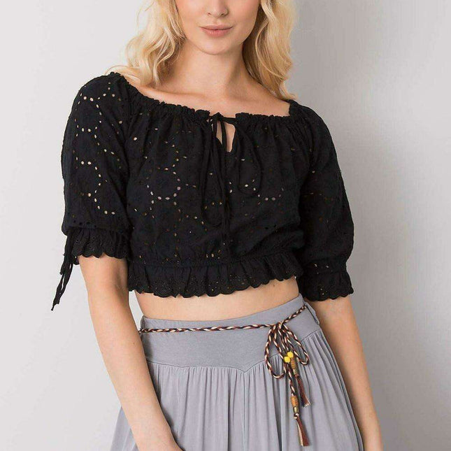 Charming Tie-Front Openwork Blouse