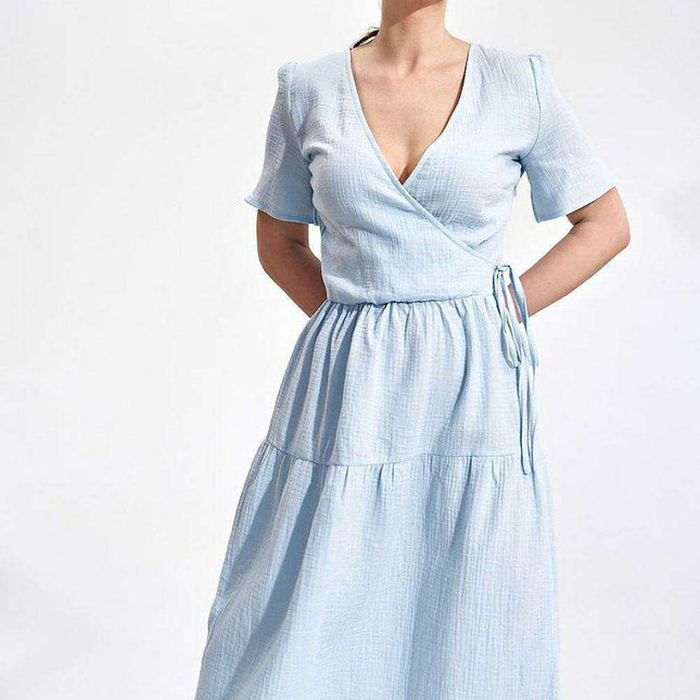 Elegant Flared Midi Envelope Dress with Short Sleeves and Chic Accents