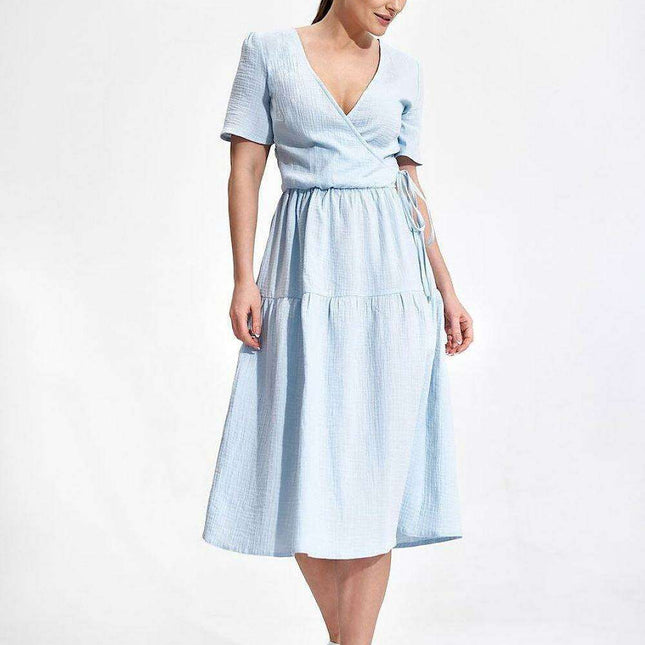 Elegant Flared Midi Envelope Dress with Short Sleeves and Chic Accents