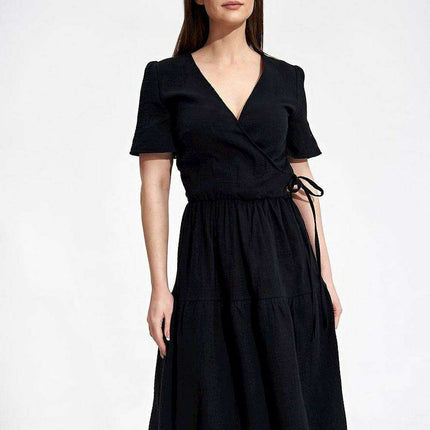 Elegant Flared Midi Envelope Dress with Short Sleeves and Chic Accents