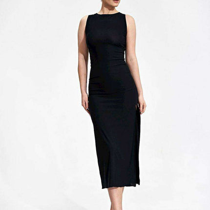 Sophisticated Back-Tie Midi Dress with Flattering Features
