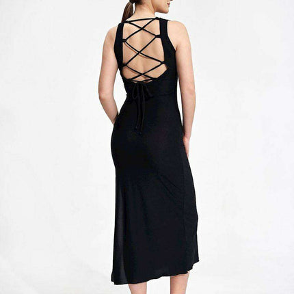 Sophisticated Back-Tie Midi Dress with Flattering Features