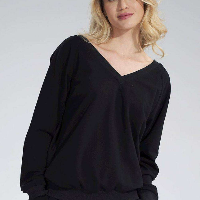 Chic Ribbed V-Neck Cotton Blouse with Long Sleeves