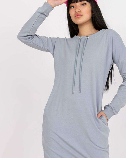 Stylish Tie-Back Sweatshirt Dress with Convenient Pockets and Ribbed Sleeves