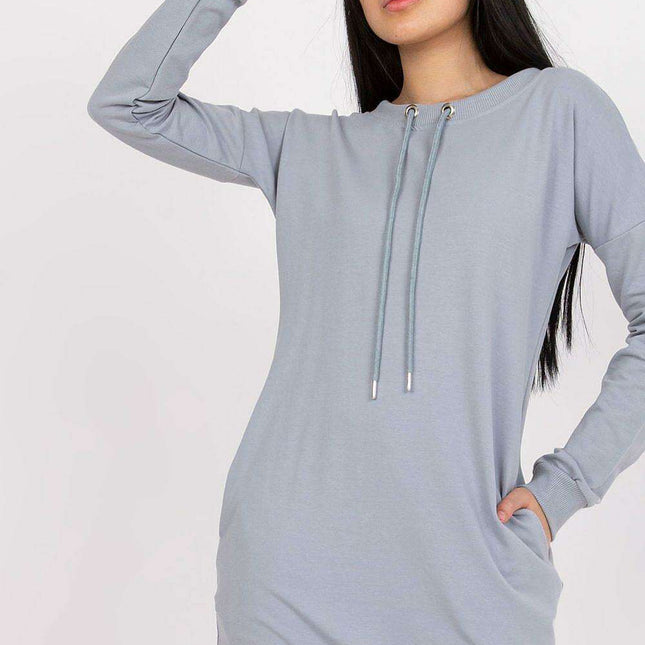 Stylish Tie-Back Sweatshirt Dress with Convenient Pockets and Ribbed Sleeves
