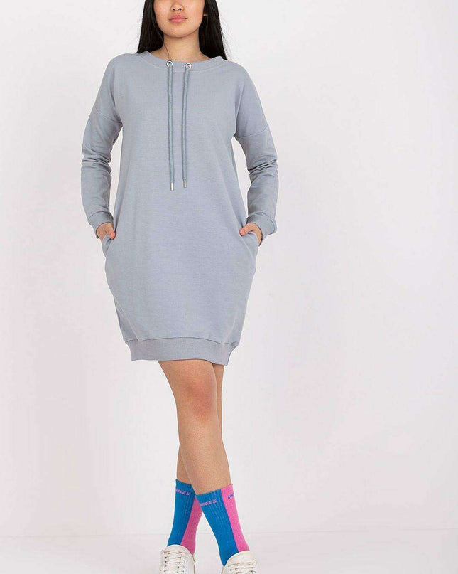 Stylish Tie-Back Sweatshirt Dress with Convenient Pockets and Ribbed Sleeves