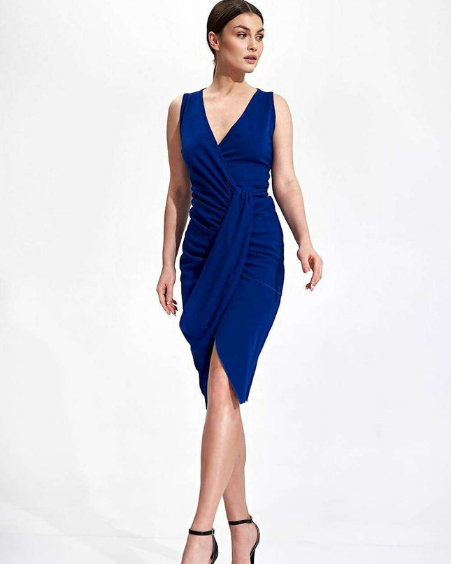 Chic Draped Midi Cocktail Dress with Modern Envelope Neckline