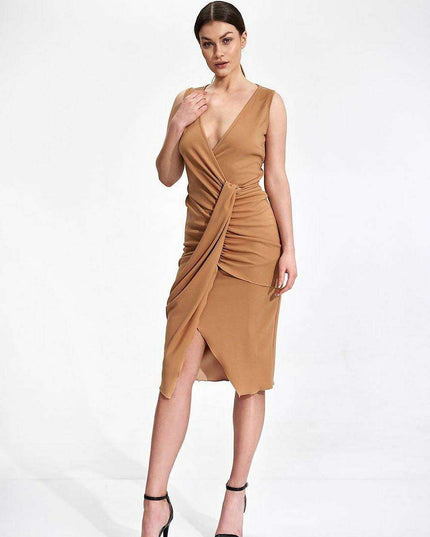 Chic Draped Midi Cocktail Dress with Modern Envelope Neckline