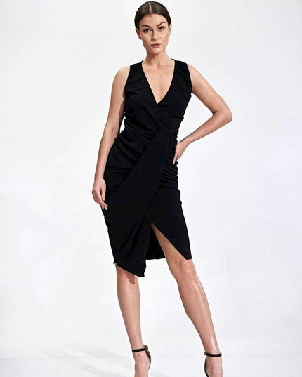 Chic Draped Midi Cocktail Dress with Modern Envelope Neckline