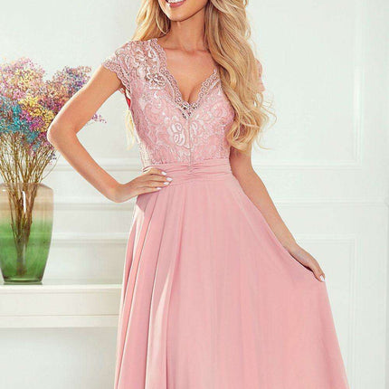 Chic Navy Blue Lace Chiffon Evening Gown with Short Sleeves by Numoco