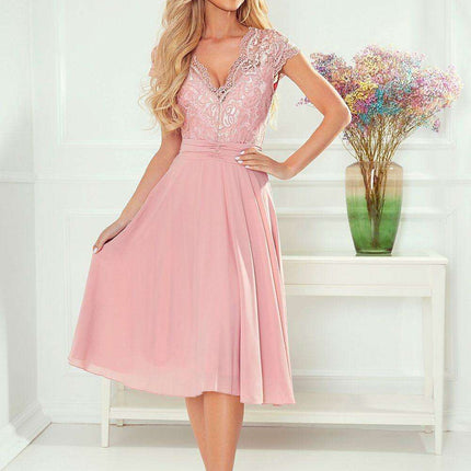 Chic Navy Blue Lace Chiffon Evening Gown with Short Sleeves by Numoco