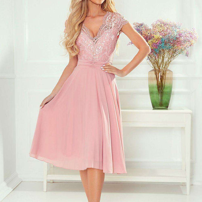 Chic Navy Blue Lace Chiffon Evening Gown with Short Sleeves by Numoco