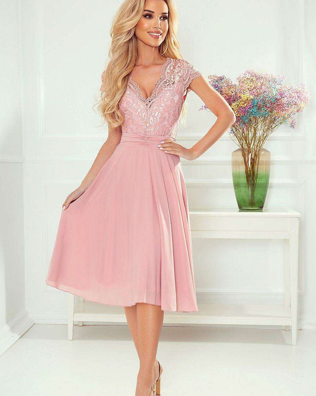 Chic Navy Blue Lace Chiffon Evening Gown with Short Sleeves by Numoco