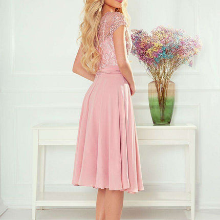 Chic Navy Blue Lace Chiffon Evening Gown with Short Sleeves by Numoco