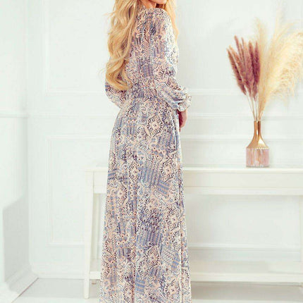 Elegant Long Sleeve Beige-Blue Chiffon Midi Dress