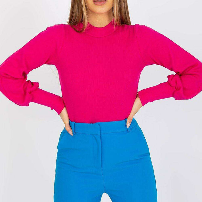 Chic Ribbed Blouse With Wide Cuffed Sleeves Effortless Style