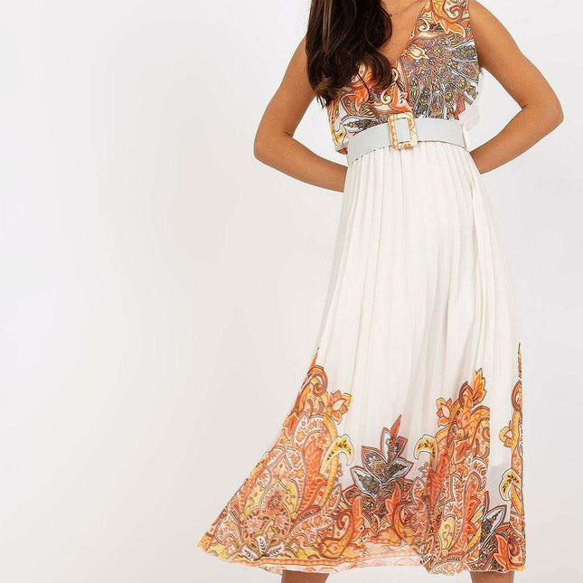 Elegant Sleeveless Flared Midi Dress With Waist Belt