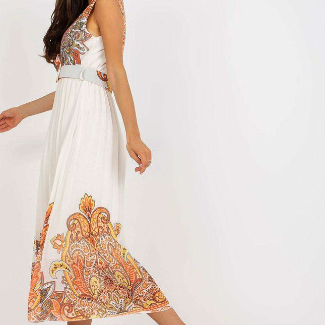 Elegant Sleeveless Flared Midi Dress With Waist Belt