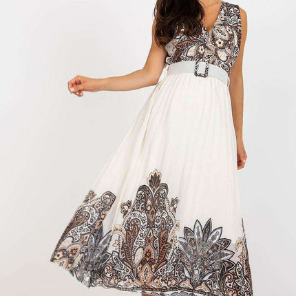 Elegant Sleeveless Flared Midi Dress With Waist Belt