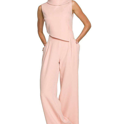 Chic Wide-Leg Jumpsuit with Stylish Roll-Up Collar and Unique Accents