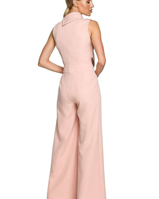 Chic Wide-Leg Jumpsuit with Stylish Roll-Up Collar and Unique Accents
