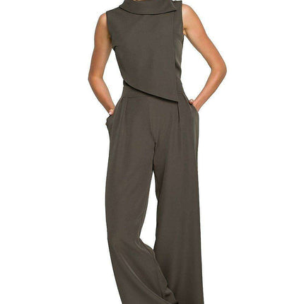 Chic Wide-Leg Jumpsuit with Stylish Roll-Up Collar and Unique Accents