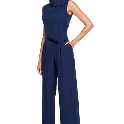 Chic Wide-Leg Jumpsuit with Stylish Roll-Up Collar and Unique Accents