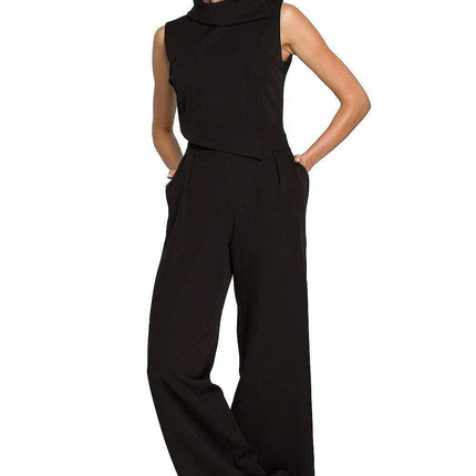 Chic Wide-Leg Jumpsuit with Stylish Roll-Up Collar and Unique Accents