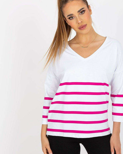 Vibrant Heart Print Striped Blouse Three Quarter Sleeves