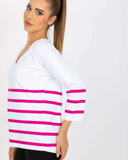 Vibrant Heart Print Striped Blouse Three Quarter Sleeves