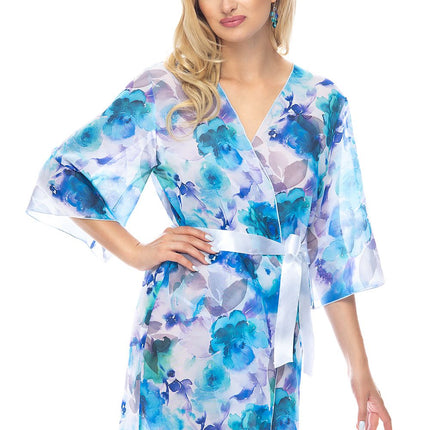 Floral Chiffon Bathrobe With Satin Belt Three-Quarter Sleeves Flared Gift Box - Très Elite