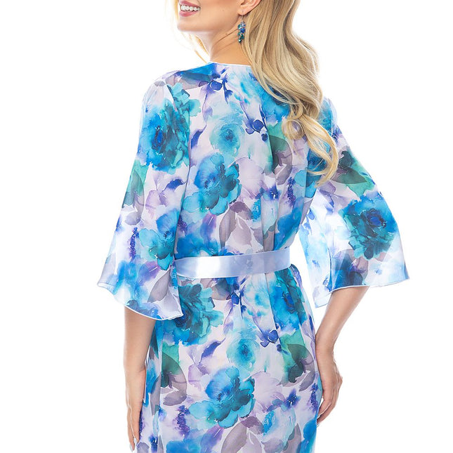 Floral Chiffon Bathrobe With Satin Belt Three-Quarter Sleeves Flared Gift Box - Très Elite